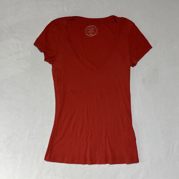 Y2K 2000s Deep V Neck T Shirt Womens Medium Orange Long Slim Stretch Y2K - Picture 1 of 9